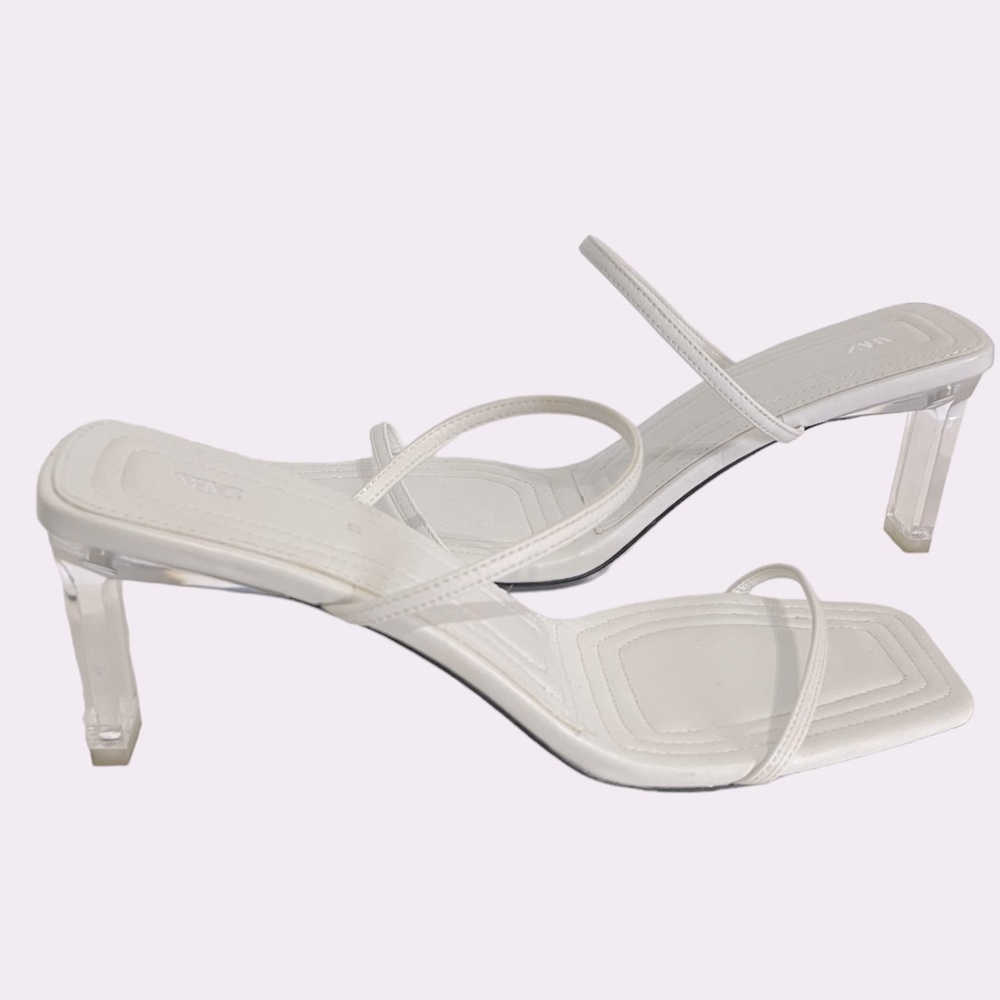 Zara White Square Toe Clear Block Heeled Strappy Sandal Size 38 NWOT